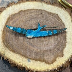 ANTIQUE Enamel Blue Bird Brooch Capri Color Enamel‎ Long Swallow Victorian As Is